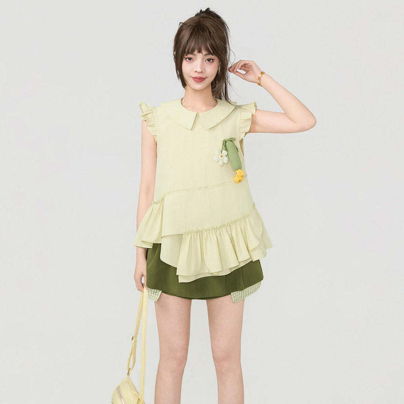 Keiko Poetic Pastoral Style Small Cucumber-Shaped Ruffled Shirt, Summer Forest Style Fresh Small Flutter-Sleeve Doll Top Keiko Poetic Pastoral Style Small Cucumber-Shaped Ruffled Shirt, Summer Forest Style Fresh Small Flutter-Sleeve Doll Top