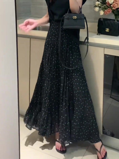 Black Polka Dot Print Skirt for Women 2025 Summer New Fashion Trendy Elegant High-Waisted Drapey A-Line Skirt