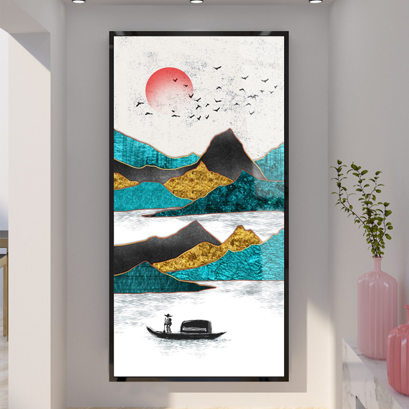 New Chinese-style porch decoration painting home living room corridor aisle vertical hanging painting simple atmosphere light luxury crystal porcelain mural