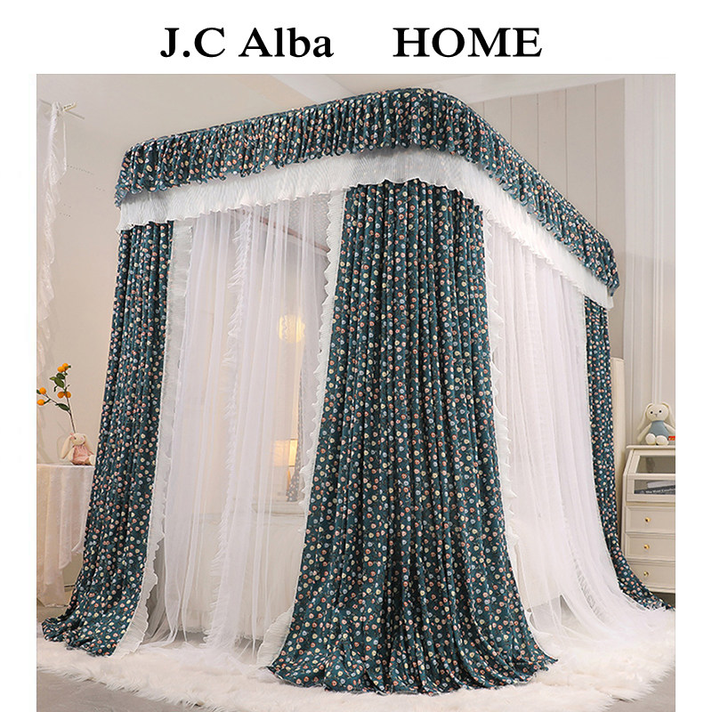 2021 New Rail Mosquito Nets Home Princess Wind Bed Curtain One-piece Mantle Yarn Bracket Rod thickened encrypted floor bed