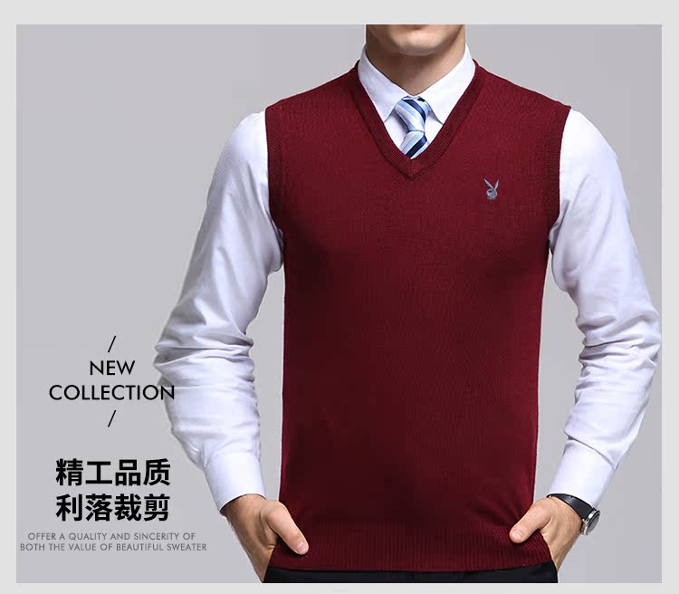 Mùa thu Playboy người đàn ông trung niên của áo len màu rắn vest vest v- cổ áo len áo gi lê trùm đầu cha