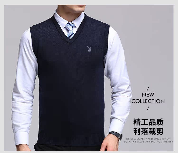 Mùa thu Playboy người đàn ông trung niên của áo len màu rắn vest vest v- cổ áo len áo gi lê trùm đầu cha