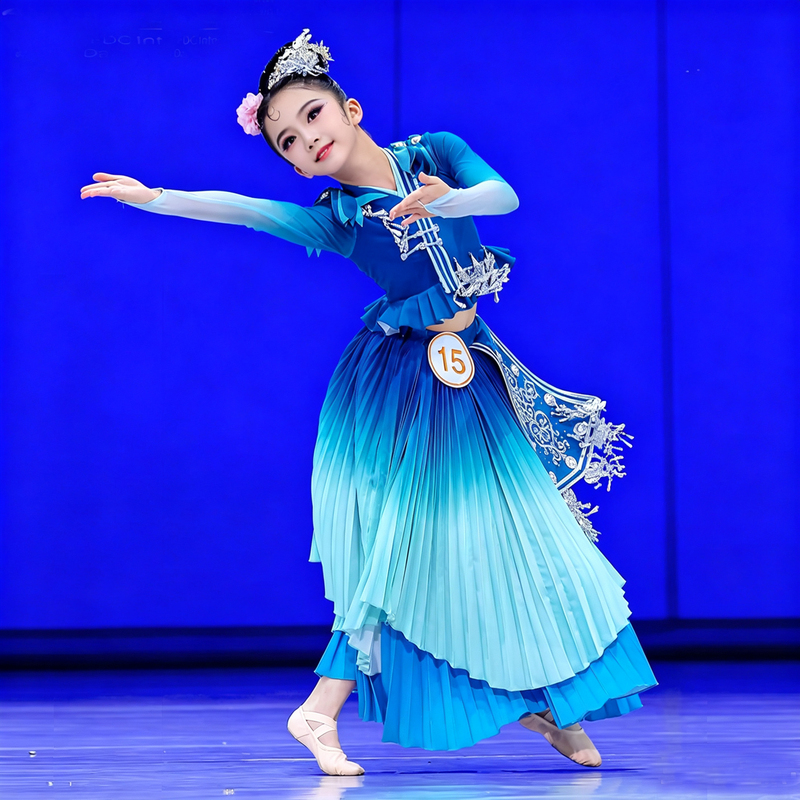 Miao Ethnic Flower Dance Costumes, Practice Outfits for Children, Performance Costumes, Headwear, Taoli Cup Solo Dance Costumes, Large Skirt Miao Ethnic Flower Dance Costumes, Practice Outfits for Children, Performance Costumes, Headwear, Taoli Cup Solo Dance Costumes, Large Skirt