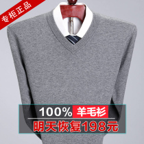 Winter 100% woolen sweater men's V-neck padded sweater middle-aged and elderly father warm knit base cashmere sweater large size