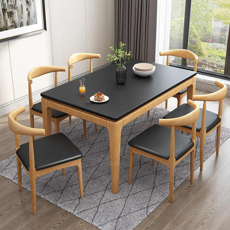 Nordic fire stone dining table and chair combination Modern simple small apartment Full solid wood dining table Rectangular marble dining table