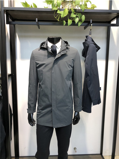 2025年春季新品男士中长款风衣暗门襟帽子可拆卸休闲外套LENZON领