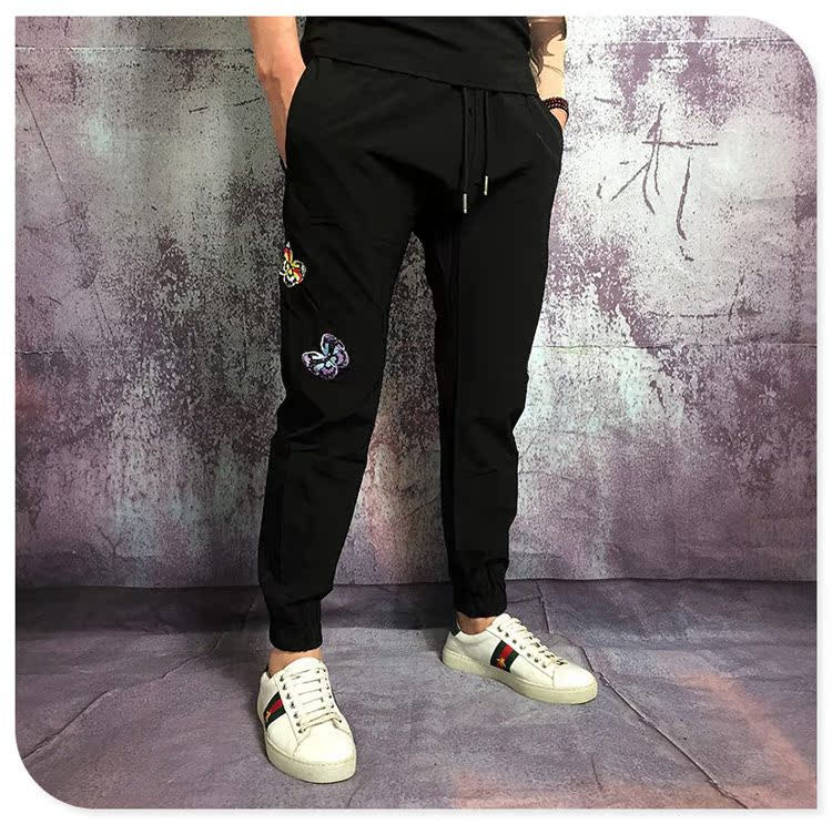 Mùa xuân và mùa hè cotton và vải lanh quần dài nam thương hiệu thêu bướm mẫu nam tự canh tác chân đàn hồi quần quần harem - Quần mỏng quần legging nam