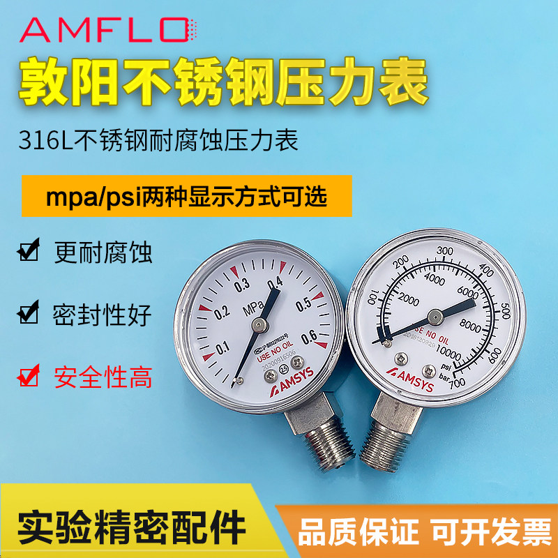 Dunyang AMFLO Stainless Steel Pressure Meter 316 Corrosive Gas Available 1 4NPT Interface Pressure reducing valve assorted
