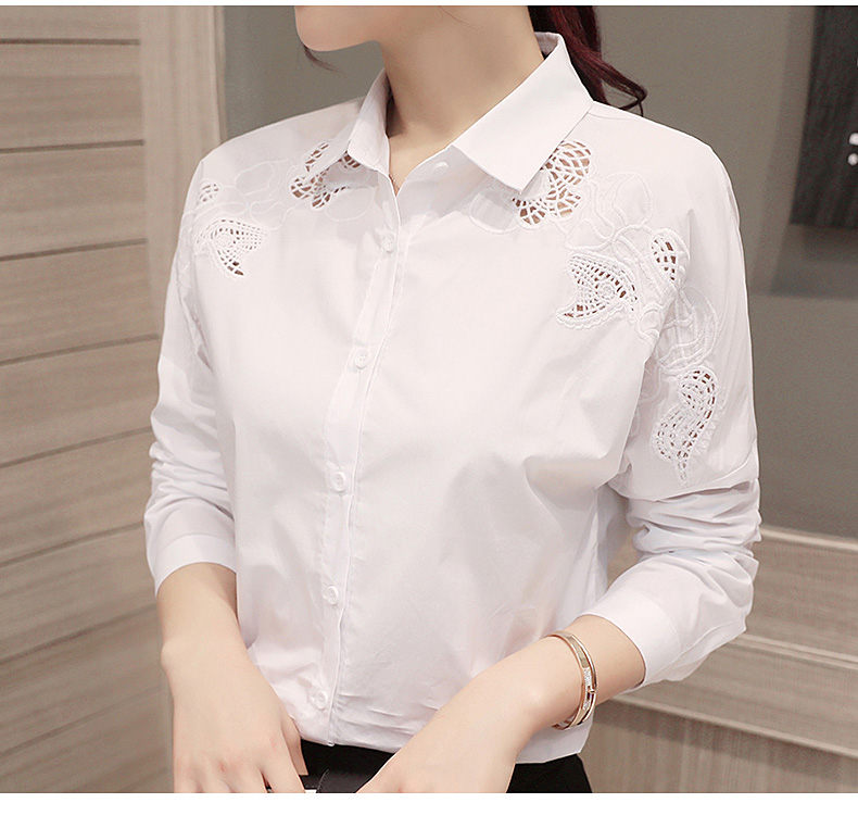 Áo xuân 2018 mới áo trắng nữ dài tay thêu rỗng tự trồng ngọt ngào hàng đầu Han Fan áo cotton giản dị áo sơ mi nữ hàn quốc