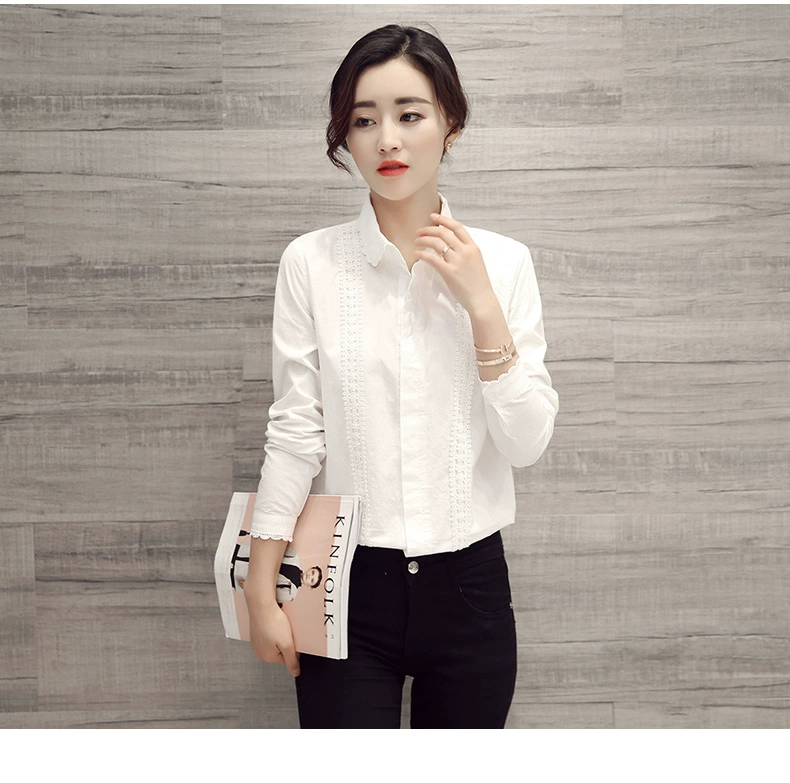 Áo sơ mi trắng nữ tay dài 2018 xuân mới viền ren cotton đáy áo mỏng mỏng khí chất
