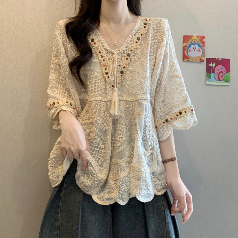 Crochet Hollow-Out Sun Protection Blouse for Women, Summer Plus Size, High-End Design, Half-Sleeve T-Shirt Top, Stunning Blouse Crochet Hollow-Out Sun Protection Blouse for Women, Summer Plus Size, High-End Design, Half-Sleeve T-Shirt Top, Stunning Blouse