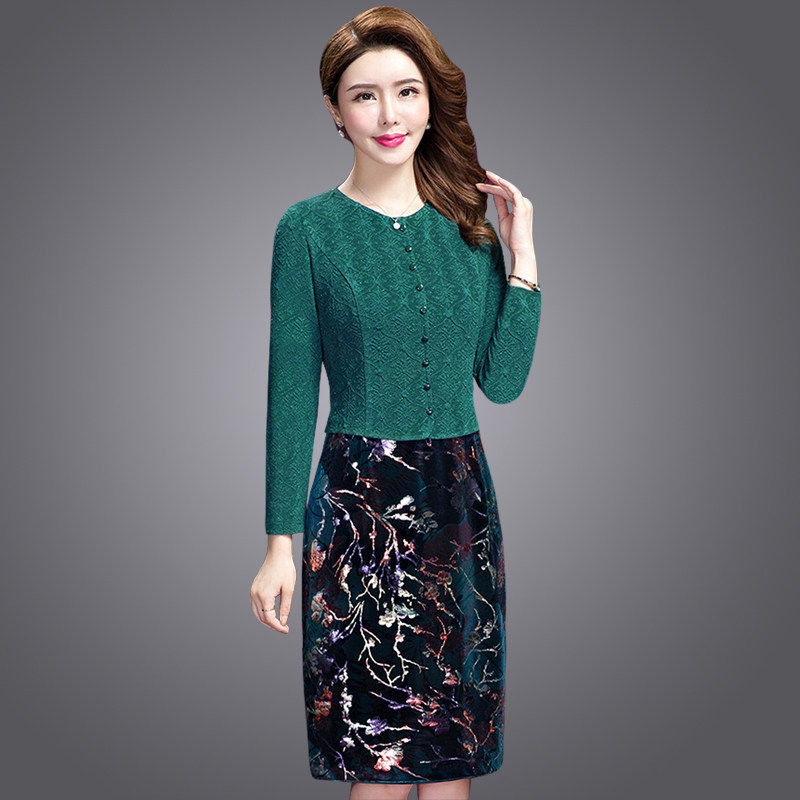 Qingkura Spring Autumn Women's Clothing Middle-aged Mother Loaded With Large Size size Annual Leave Two Mid-Year Printed Foreign Dress