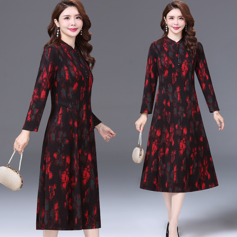 Spring Autumn Long Sleeve Foreign Dress Woman 2022 new middle aged mother large size with a slim print Develed bottom skirt