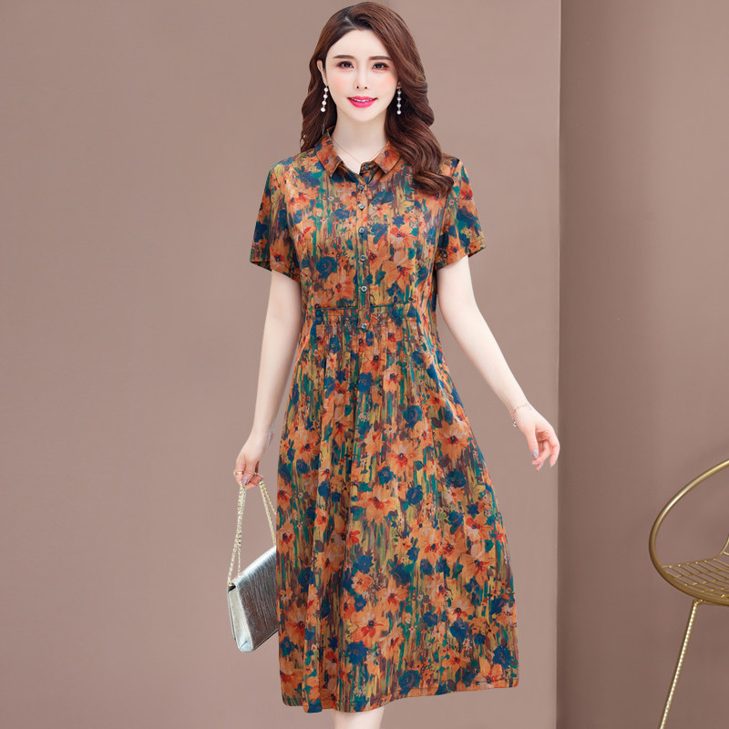 Silk shirt dress female 2021 summer new middle-aged mother thin fragrant cloud yarn mulberry silk Hangzhou floral skirt