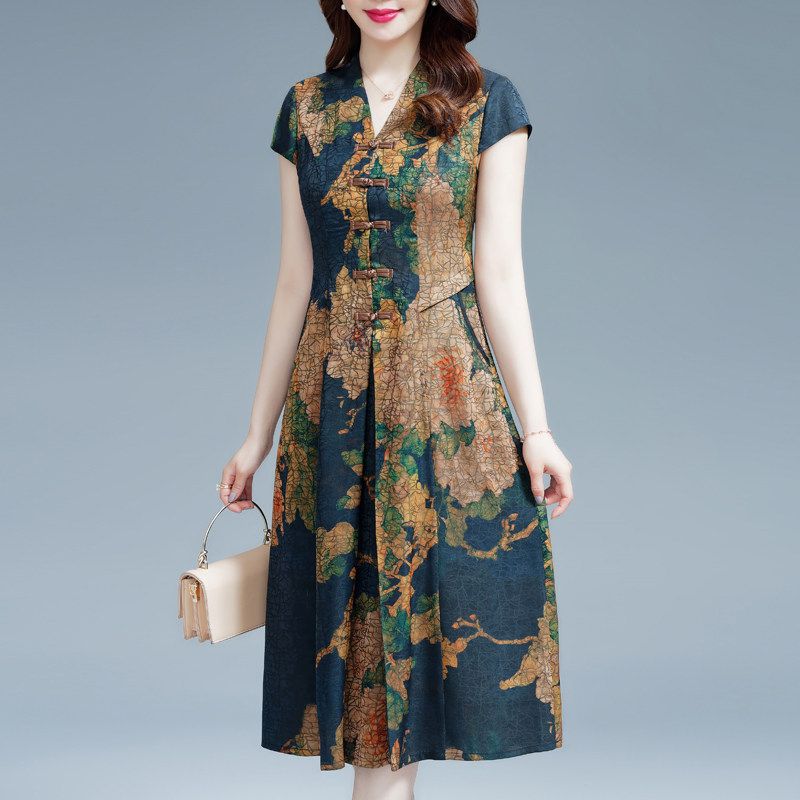 Summer real silk dress women's 2022 new middle aged body slim temperament Sans silk printed dresses