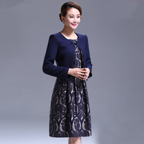 Spring and autumn new two-piece suit skirt womens middle-aged large size thin A-line skirt printed long-sleeved autumn and winter dress