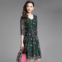 (Stock clearance)Summer middle-aged elegance printed skirt womens short-sleeved medium-length floral Chiffon dress