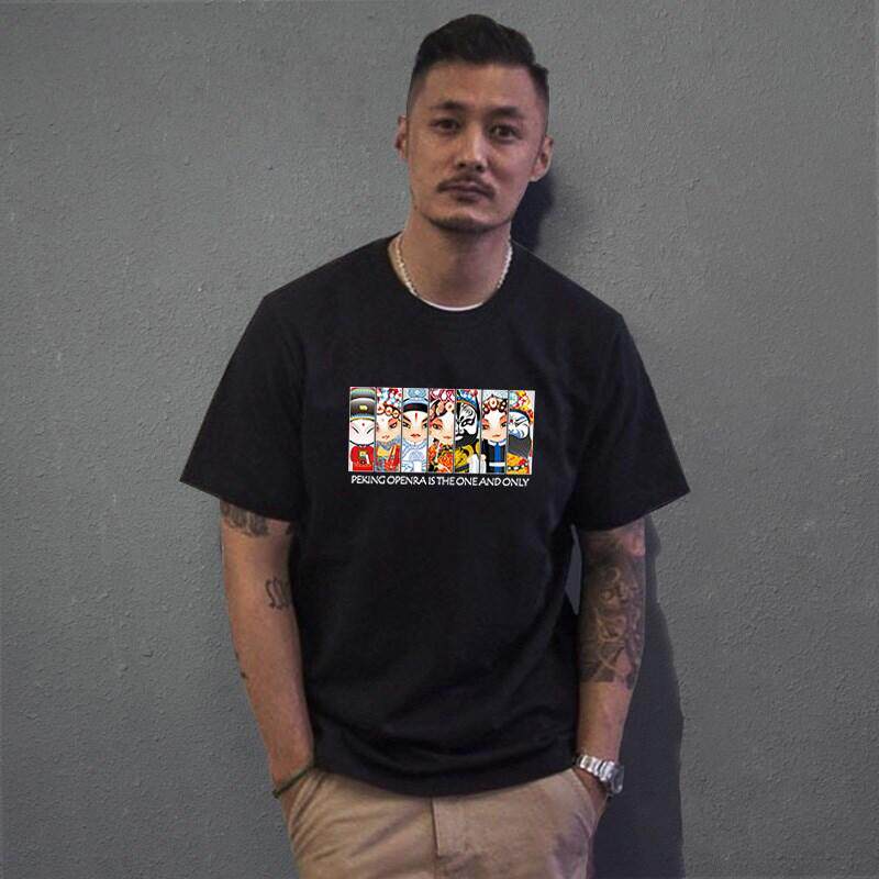 National tide short-sleeved T-shirt boys summer round neck pure cotton loose half-sleeved personality original Chinese style Beijing opera printing tee