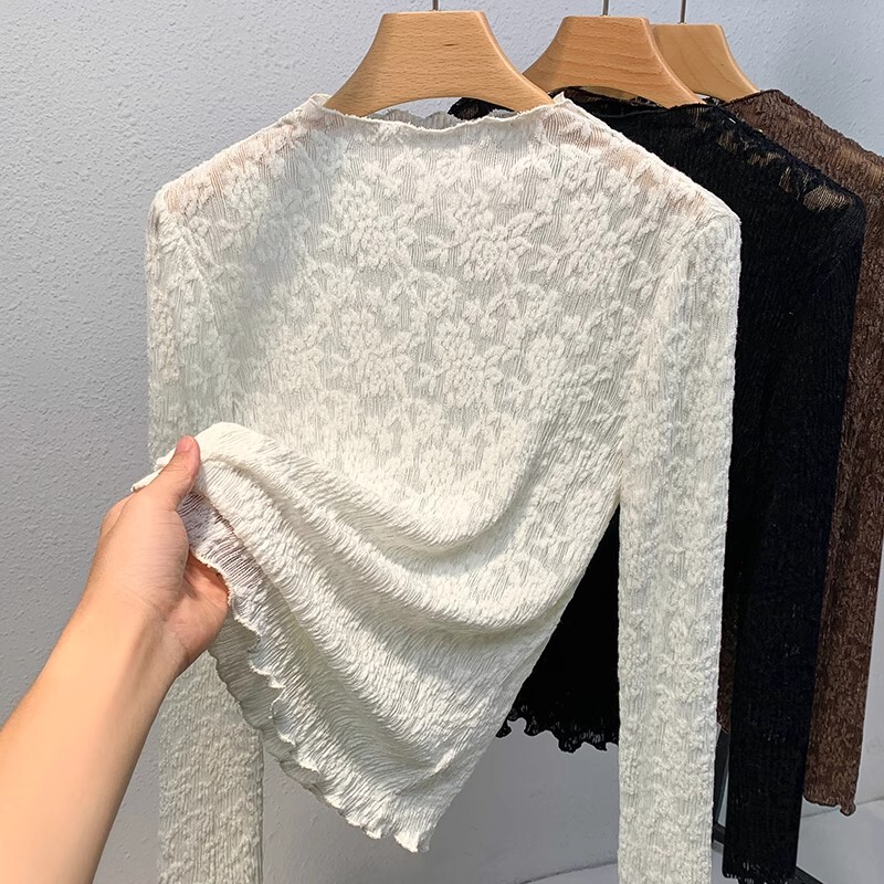 Lace Base Shirt for Women, Mesh Inner Layer, New Spring and Autumn Long-Sleeve Top, Fashionable and Stylish Crochet Hollow-Out Blouse
