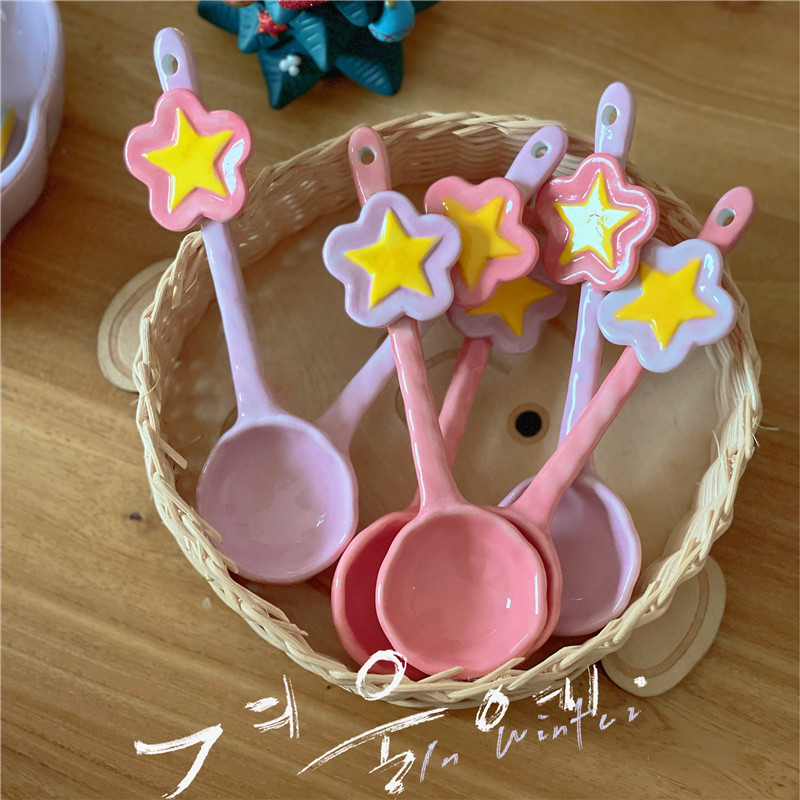 FunLife Living Museum Cute Girl Heart Pink Dreamy Purple Star Ceramic Spoon Dessert Spoon Soup Spoon Rice Spoon