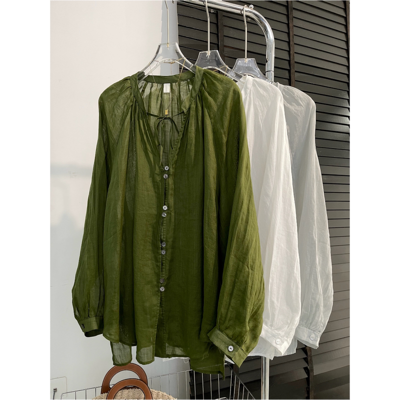 Elegant and Versatile Lace-Up Long-Sleeved Linen Shirt for Women, New Spring Style, Loose Fit, Slimming, Comfortable, Soft, Trendy Base Layer Top