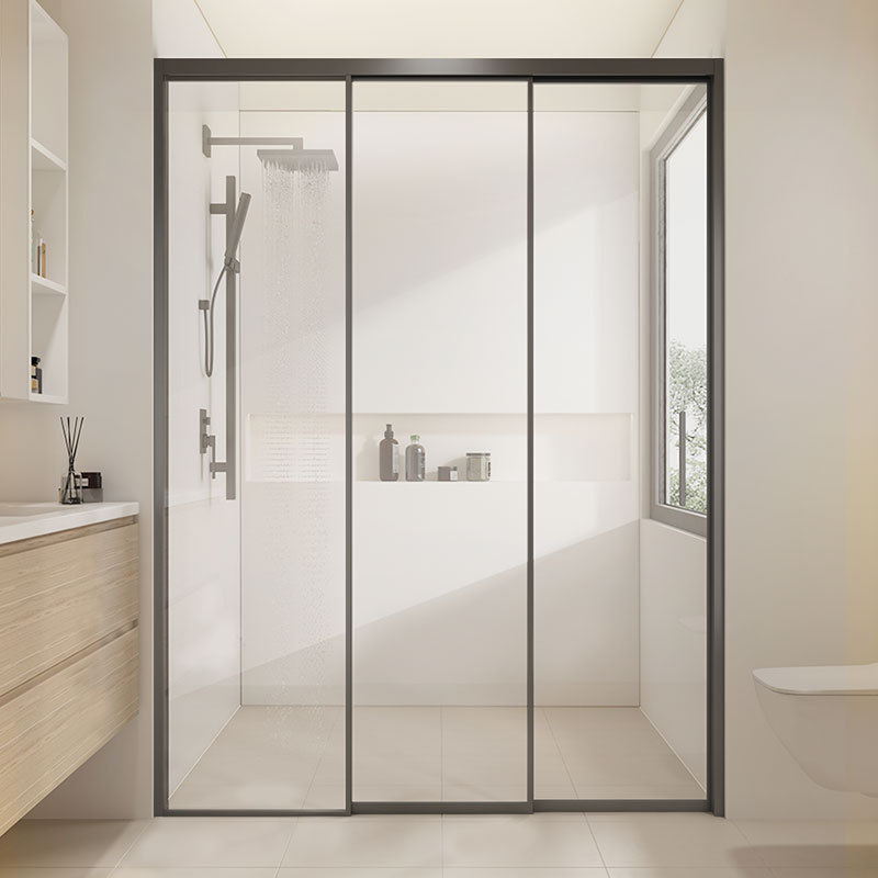 Extremely Narrow Triptych Shower Room Dry and Wet Separation Bathroom Glass Partition Without Lower Rail Push-Pull Straight Sliding Door