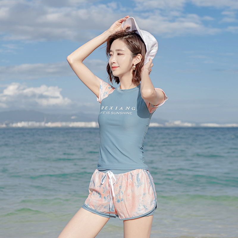 Short sleeve sports swimsuit Women summer 2021 new belly thin student Conservative boxer pants split body quick dry