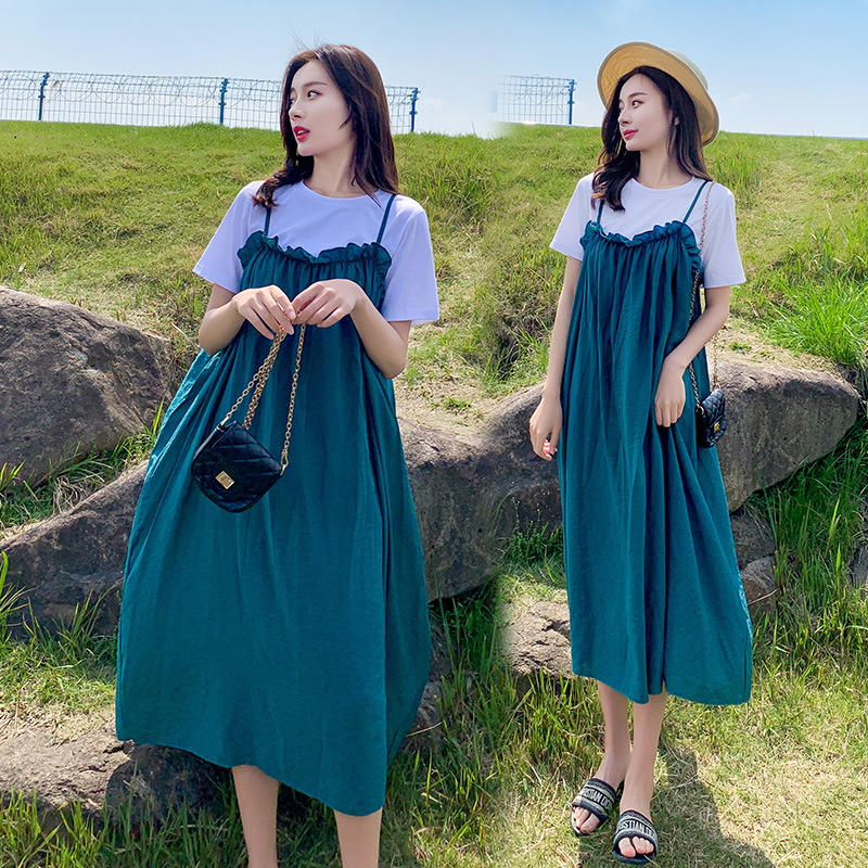 Internet Red Pregnancy Woman Bottling 2022 Summer Western Ocean Dress Chaoma Ogoods Two Sets of Hanging Strap Skirt Pregnant pregnant