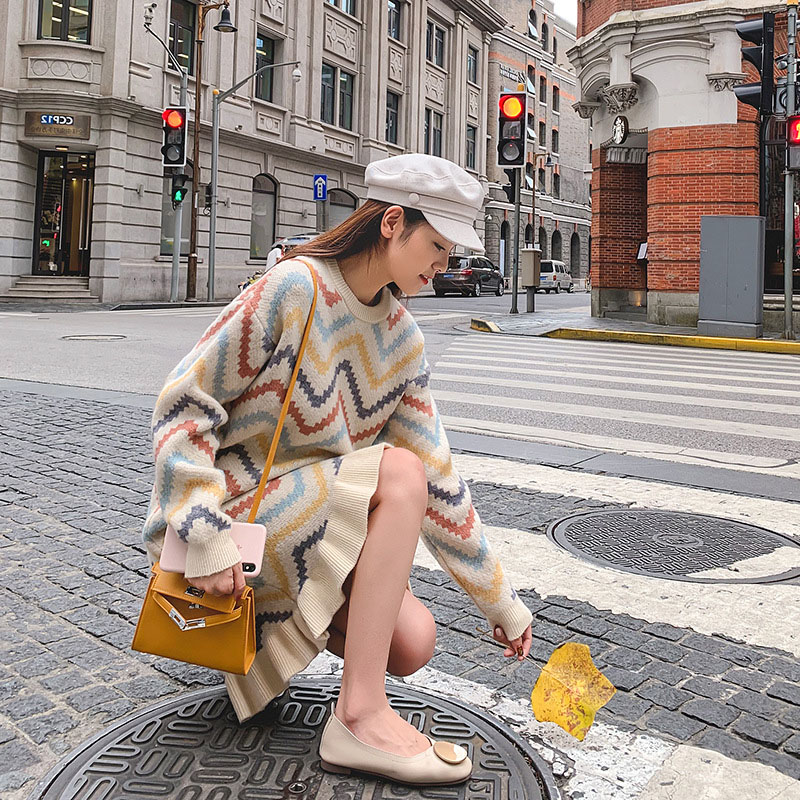 Gestational Maternity Spring Dress Springtime Dress pro-skin sweatshirt Fashion style sweater dress Loose Rainbow Knit Dresses Spring Autumn