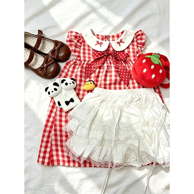 Japanese Jk Uniform Strawberry Sweet Plaid Princess Top Summer New Cute Lace Double-Layer Cake Skirt Set