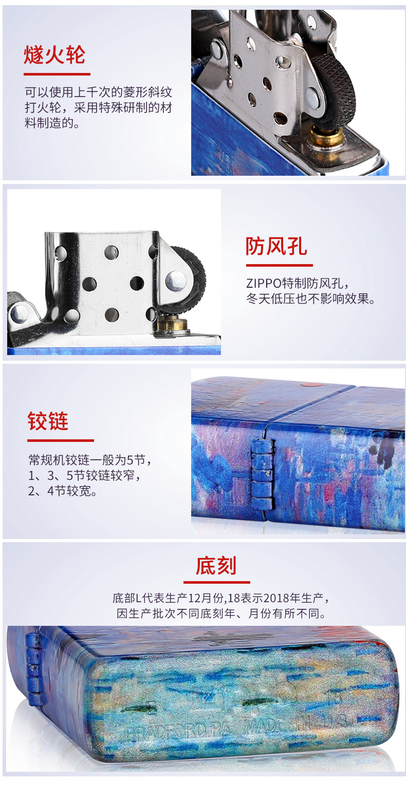 美国原机进口 Zippo 2019新款 日出印象 莫奈油画彩印 16孔防风打火机 图8