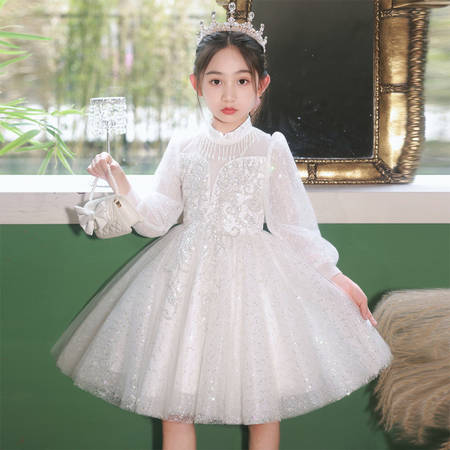 Girls' dress, light luxury, niche piano performance dress, children's birthday princess dress, long-sleeved host flower girl wedding dress