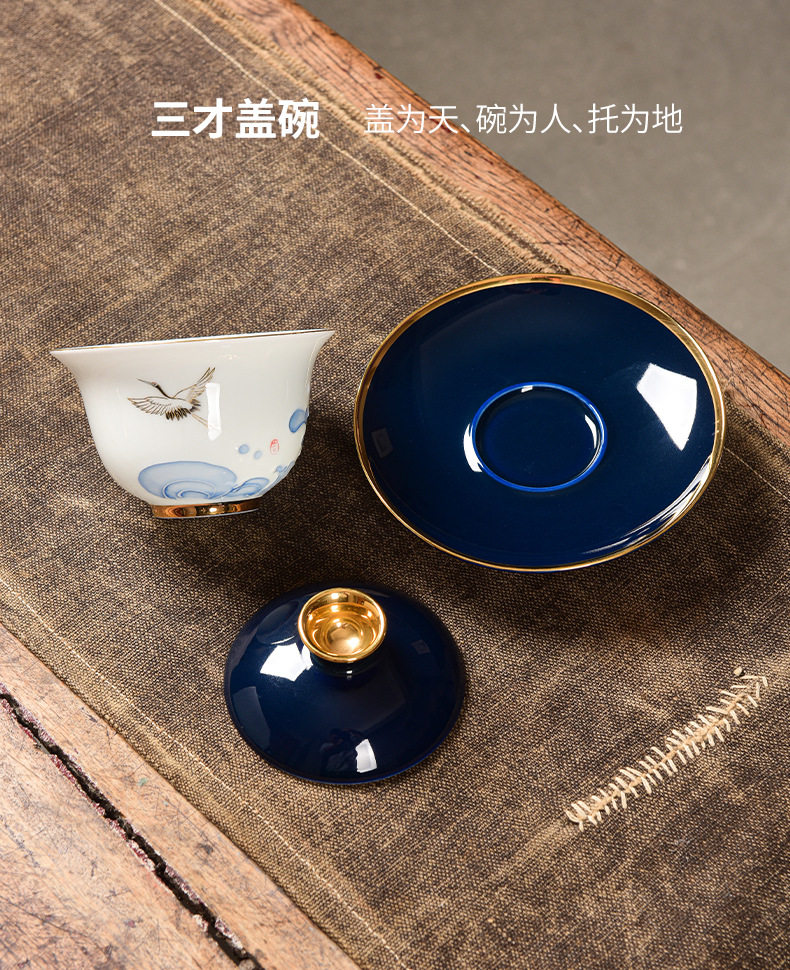 手繪鶴瑞呈祥家用茶碗陶瓷單個敬茶功夫茶具三才蓋碗套裝泡茶器|公道盃