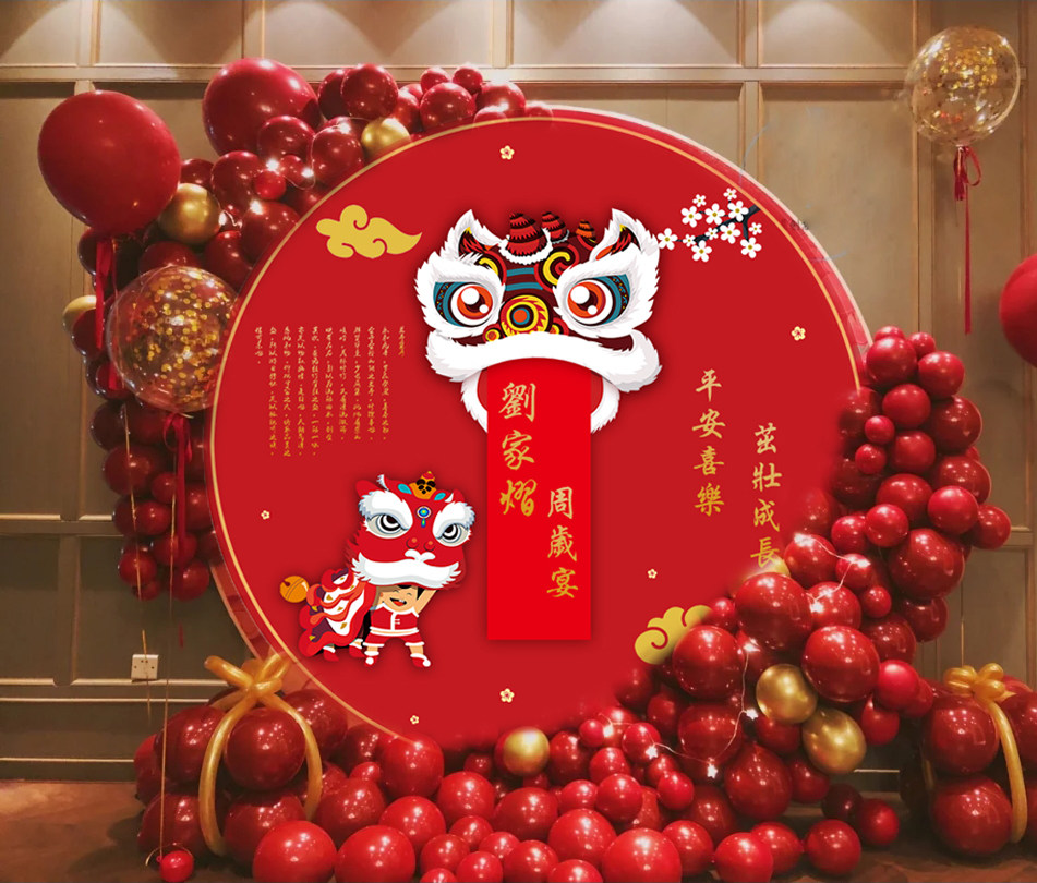 Baby catch week poster Chinese style red Chinese full moon birthday banquet layout background wall cloth poster festive retro