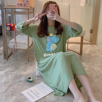 Green nightgown female spring and autumn long knee long sleeve long fat mm200 kg loose size pregnant womens autumn pajamas