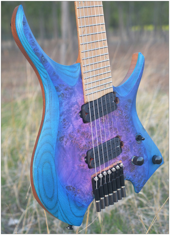 Nk Blue-Purple 7-String Fan-Shaped Frets Headless Electric Guitar Amp Bridge Tiger Pattern Neck Fretboard Luminous Side Fret Markers