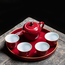 Jingdezhen tea set Jihong Glaze Kung Fu tea set Ceramic round tea tray Wedding tray Cover bowl Teapot Tea cup