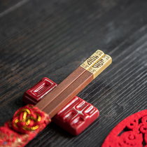 Wedding mahogany chopsticks Double happiness ceramic chopstick holder Chinese style household healthy solid wood tableware Wedding supplies Daquan