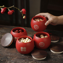 Customized wedding candy jar red double joy jujube jar wedding dowry tea jar wedding sealed ceramic jar with hand gift