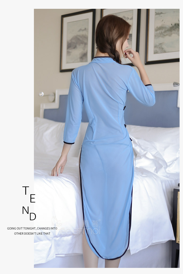 Sexy retro Cộng Hòa gió khe cao sườn xám váy váy rỗng váy ngắn ngắn mỏng trong suốt vợ thuận tiện gói hip đầm cổ vuông tay phồng dài
