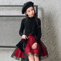 Childrens sweater girls autumn and winter dress long sleeve middle child stitching knitted gauze dress foreign childrens princess skirt