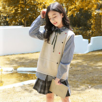 Big girl sweater set 2021 autumn and winter New Korean embroidered shirt knitted waistcoat short skirt Net red two-piece set