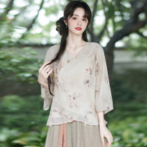 Tea art clothing Chinese style womens clothing improved Tang suit Republic of China style Hanfu top new Chinese style Zen tea suit summer