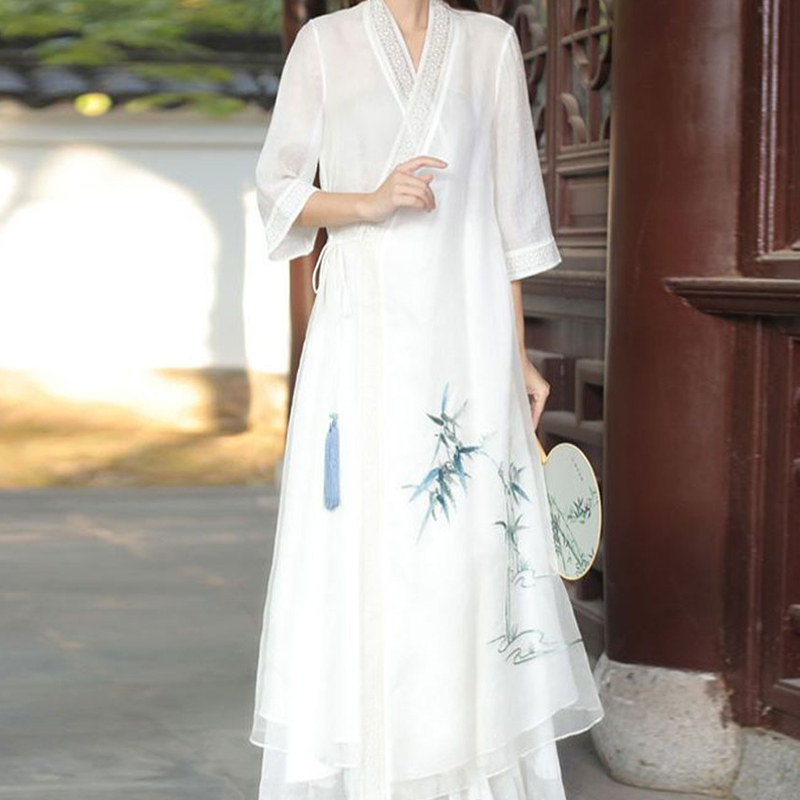 New Chinese-Style Zen Women's Clothing, Improved Version of Hanfu Dress, Fairy-Like Tea Dress, Tea Ceremony Attire, Women's Ancient-Style Skirt