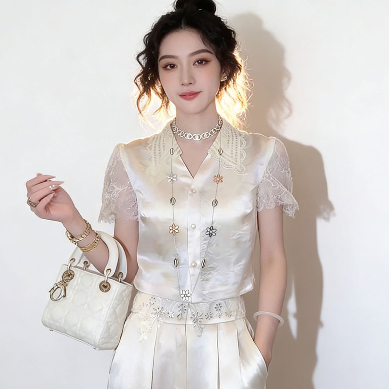 Silk Blouse for Summer, Slim-Fit V-Neck Lace Short Top, High-End Acetate Satin Short-Sleeve Shirt for Women