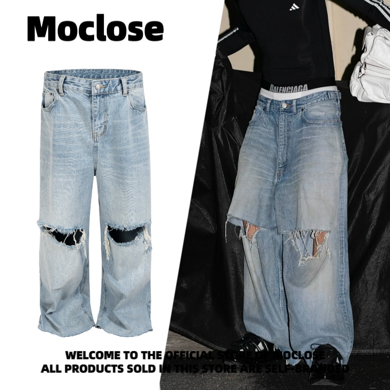 Moclose American High Street Retro Parisian Style Ripped Loose Wide-Leg Versatile Washed Jeans for Men and Women