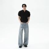 TURNTIDE Высококачественная вафельная трикотажная футболка с воротником «Генри», короткими рукавами и резьбой по низу, повседневная 𫔮Летняя футболка с половиной рукава