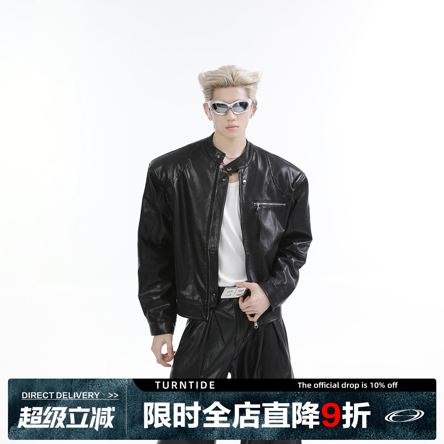 TURNTIDE ニッチなデザインスタンドカラー光沢のあるPUショルダーパッドショートレザージャケットフライストリートハンサムレザージャケット