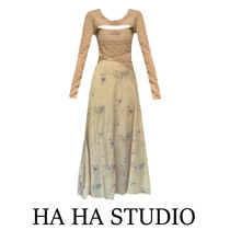 (ink smudge) dress female autumn new Chinese gentle style retro temperament floral suspender skirt long skirt