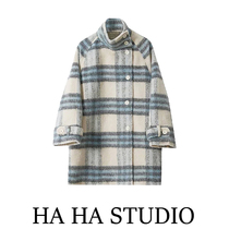 GRID STUDIO blue plaid coat womens 2022 winter quilted thickened loose single-breasted woolen coat